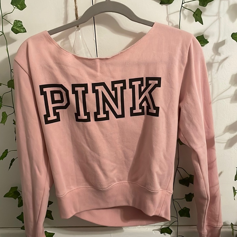 PINK Victoria’s Secret Long Sleeve Off-Shoulder Logo Top